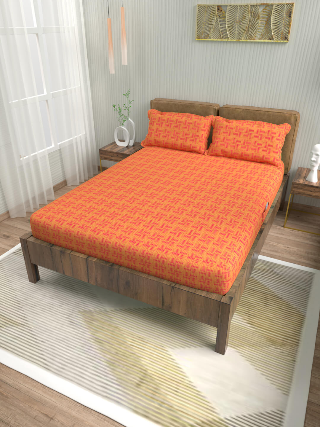 buy geometric orange cotton double bed fitted bedsheets online – side view